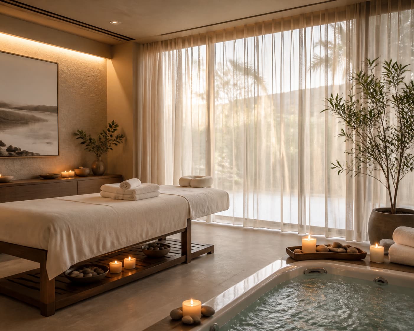 Une table de massage à côté d’un jacuzzi dans un espace spa lumineux à l’ambiance zen.
