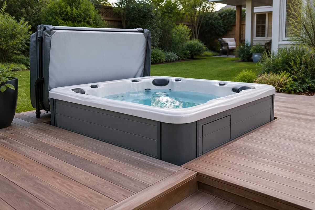 Spa rigide extérieur avec sa couverture thermique et son panneau technique accessible sur une terrasse
