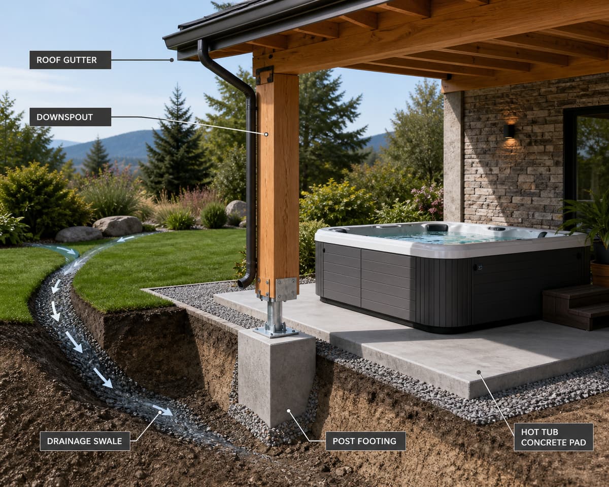 Coupe montrant un spa posé sur un support plan près de poteaux d'abri surélevés sur pieds métalliques avec une pente de drainage des eaux pluviales.