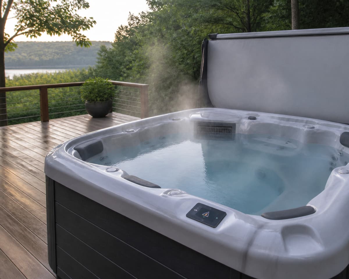 Spa extérieur inoccupé avec sa couverture thermique repliée laissant s'échapper une légère vapeur d'eau au-dessus du bassin.