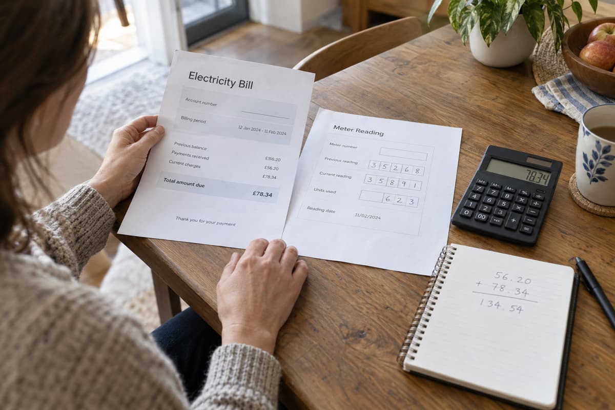 Une facture d’électricité, un relevé de consommation, une calculatrice et un carnet de notes ouvert avec des chiffres manuscrits posés sur une table en bois.