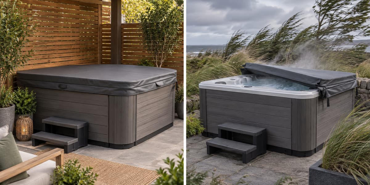 Deux spas identiques côte à côte : l’un abrité avec une couverture thermique bien ajustée, l’autre exposé au vent avec une couverture à moitié retirée.