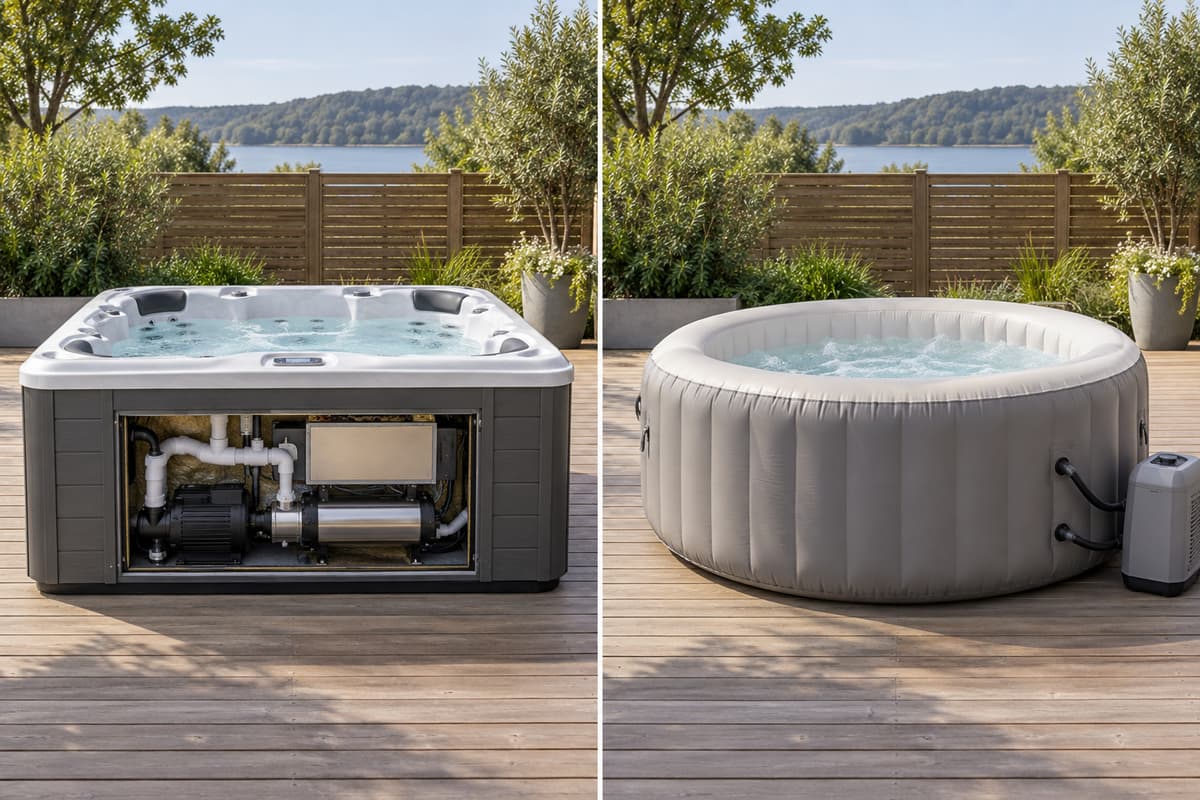 Comparaison côte à côte d'un spa rigide avec son bloc technique et d'un spa gonflable à structure souple, dans le même cadrage extérieur.