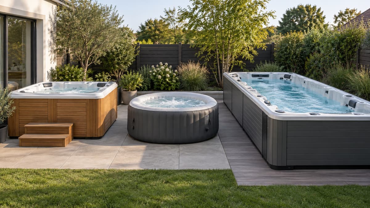 Trois spas extérieurs côte à côte dans un même jardin : un spa rigide carré avec habillage isolé, un spa gonflable souple posé au sol et un spa de nage allongé.