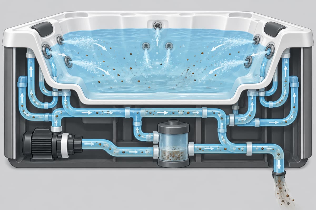 Coupe schématique d’un spa montrant le circuit de canalisations, les jets et la circulation d’eau chargée de résidus décollés avant vidange.