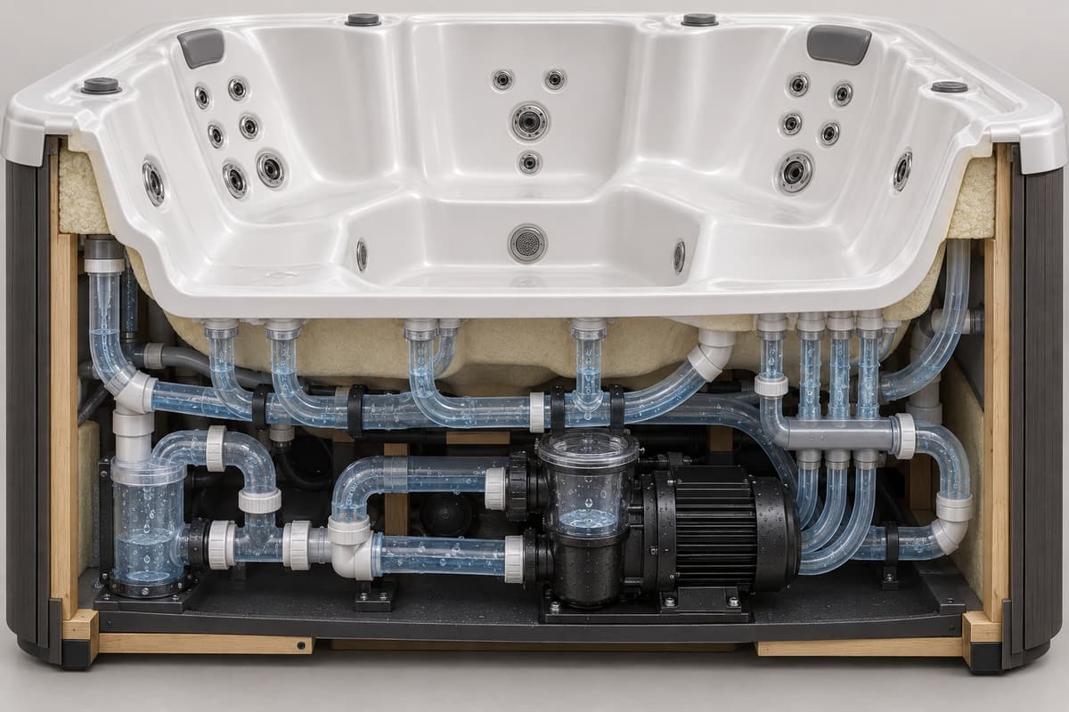 Vue en coupe simplifiée d'un spa vide montrant des tuyaux et une pompe contenant encore de l'eau résiduelle.
