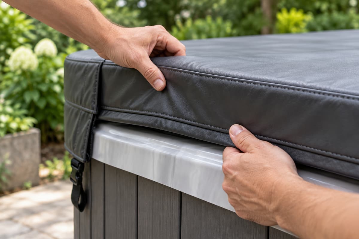 Deux mains replacent une couverture thermique épaisse et ajustée sur la cuve d’un spa dans un jardin.