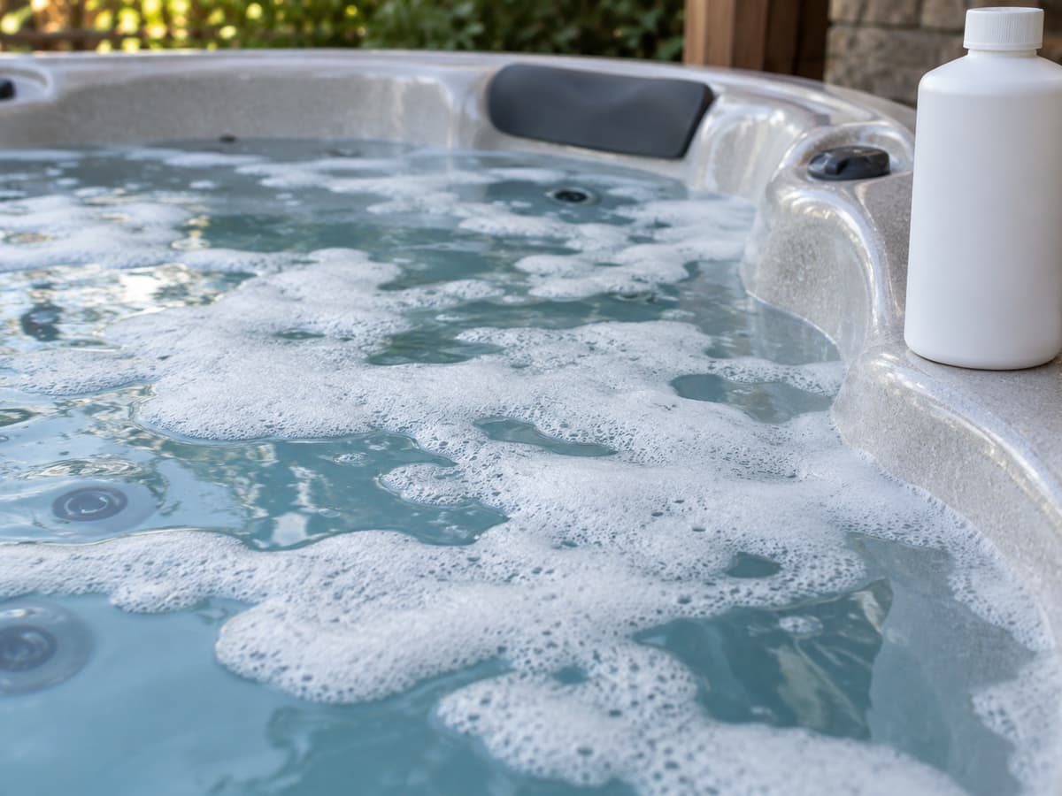 Mousse blanche abondante flottant à la surface de l'eau d'un spa, avec un flacon de produit posé sur le rebord.