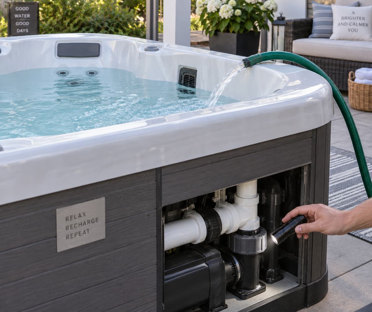 Spa en cours de remplissage avec tuyau d’arrosage, niveau d’eau visible et inspection des raccords.