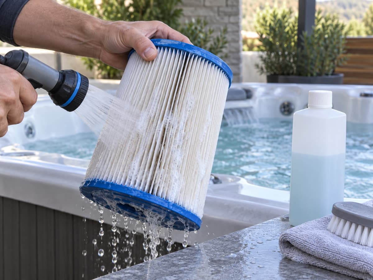 Main tenant une cartouche filtrante blanche pendant qu'un jet d'eau modéré rince entre ses plis, avec un flacon de nettoyant à côté.