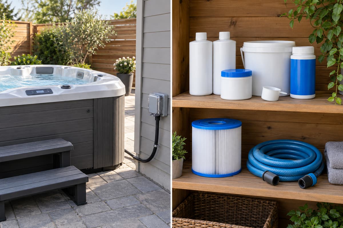 Moitié gauche d'un spa extérieur raccordé à une prise électrique, moitié droite avec une étagère présentant des bidons de traitement, un filtre de spa et un tuyau d'eau enroulé.