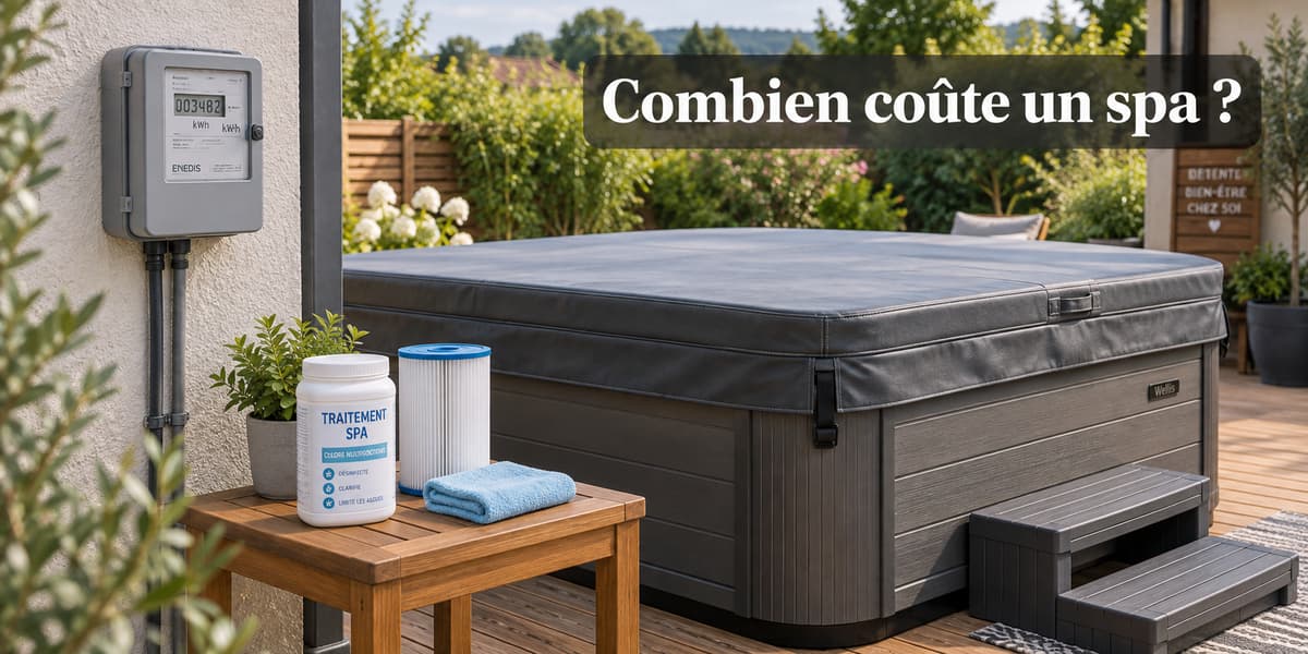 Spa extérieur avec couverture fermée, compteur électrique mural à proximité et produits d’entretien posés sur une petite table, avec le texte « Combien coûte un spa ? » en surimpression.