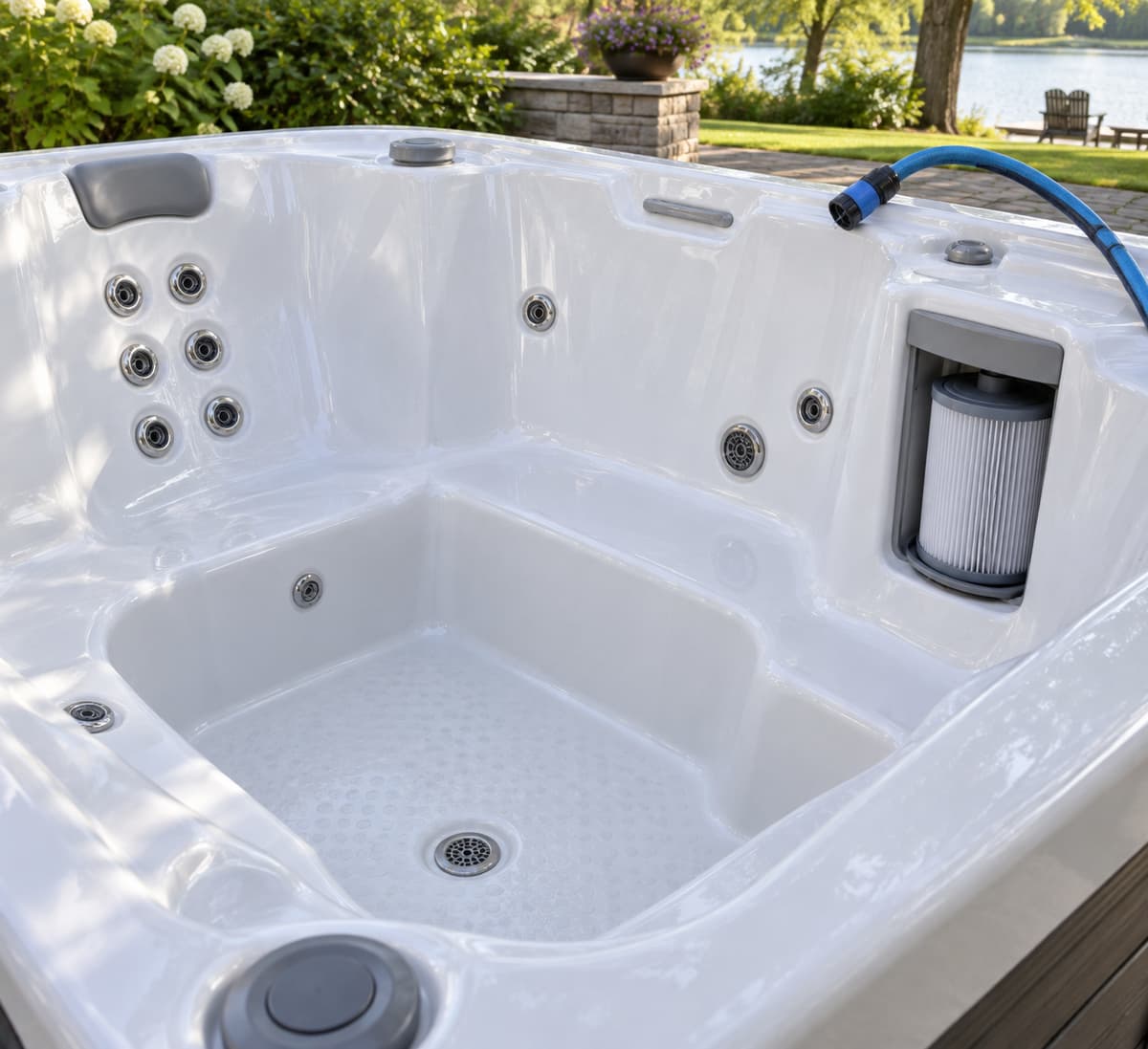 Spa vide aux parois et au fond propres et rincés, avec filtre remonté et tuyau d’eau dirigé vers la zone de remplissage.