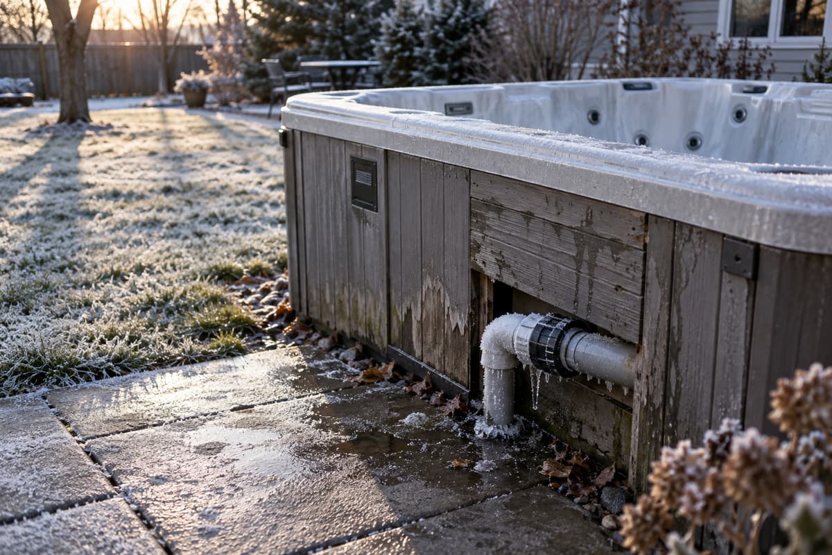 Spa extérieur non protégé avec une canalisation gelée et des traces d'humidité sous un soleil d'hiver rasant.