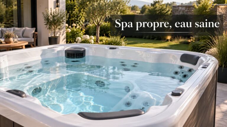 Spa extérieur propre, eau limpide, parois et ligne d’eau nettes, équipements en place, avec le texte « Spa propre, eau saine » superposé.