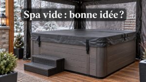 Spa extérieur vide et propre avec couverture fixée, protégé des intempéries, surmonté du texte « Spa vide : bonne idée ? ».