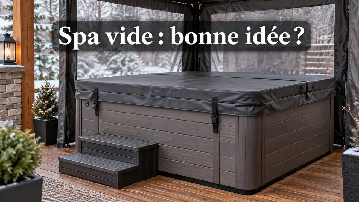 Spa extérieur vide et propre avec couverture fixée, protégé des intempéries, surmonté du texte « Spa vide : bonne idée ? ».