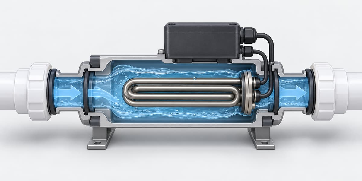 Vue schématique rapprochée d’un réchauffeur de spa en coupe simplifiée avec les raccords du circuit d’eau et leurs joints visibles.