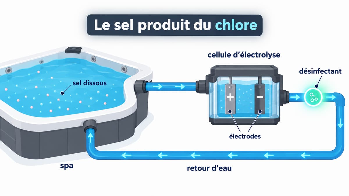 Schéma d’un bassin relié à une cellule à électrodes par des flèches montrant la circulation de l’eau salée, avec le texte « Le sel produit du chlore » et un repère de désinfectant en sortie.