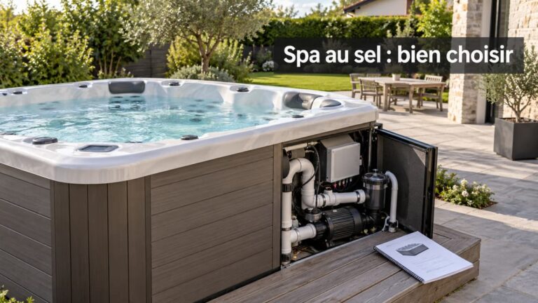 Spa domestique rigide dans un cadre résidentiel sobre, compartiment technique ouvert et notice posée à côté, avec le texte superposé « Spa au sel : bien choisir ».