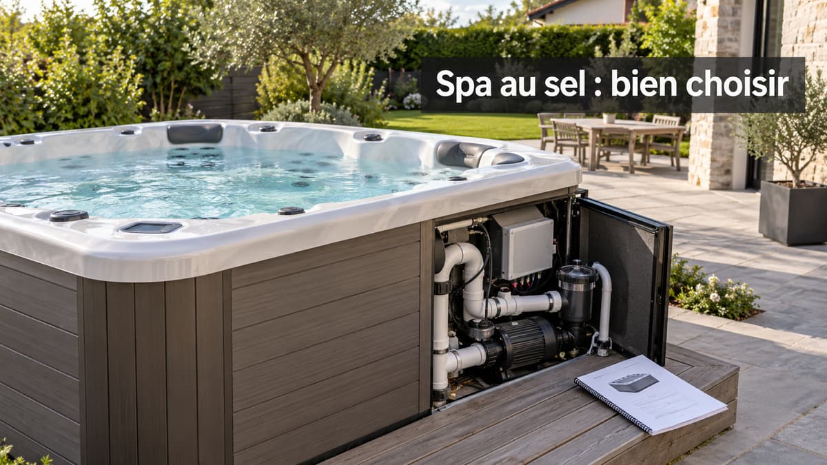 Spa domestique rigide dans un cadre résidentiel sobre, compartiment technique ouvert et notice posée à côté, avec le texte superposé « Spa au sel : bien choisir ».