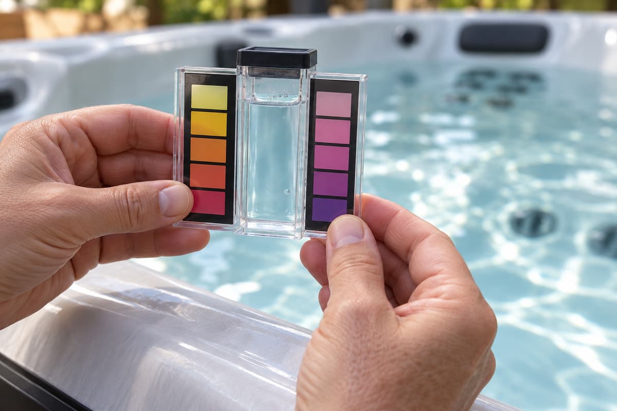 Deux mains tiennent un comparateur colorimétrique contenant un échantillon d’eau, devant un spa à l’eau limpide en arrière-plan.